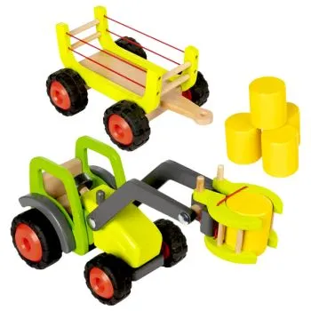 Lenkbarer Holz Traktor mit Greifer und Heuwagen als Anhänger