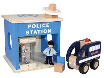 Polizeistation mit Stuhl, Gefängniszelle, Polizeifahrzeug 2 Biegepuppen