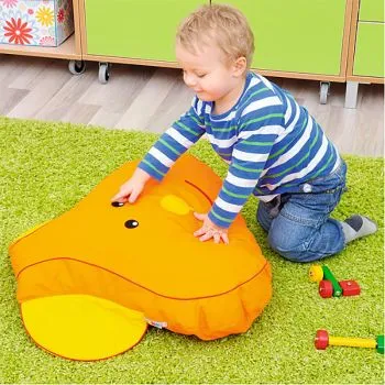 Seat cushion bear with happily playing boy