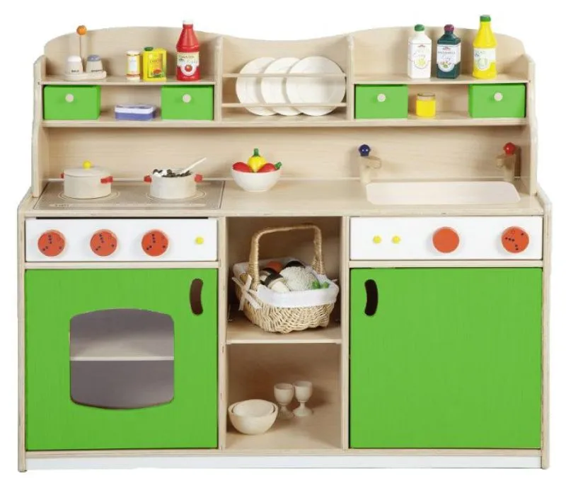 Spielküchenblock aus Holz für Kindereinrichtungen_Bild1_mit Dekoration als Beispiel Spielküchenblock aus Holz für Kindereinrichtungen_Bild1_mit Dekoration als Beispiel