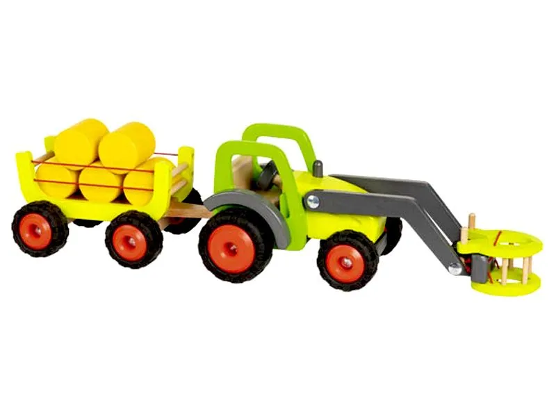 Goki Holztraktor mit Greifer, Heuwagen und 5 Holzballen