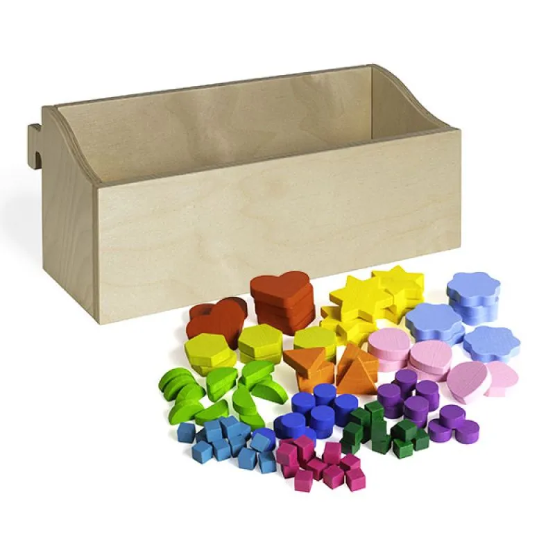 Hanging box with wooden building blocks for the MandaLay wall game Hanging box with wooden building blocks for the MandaLay wall game
