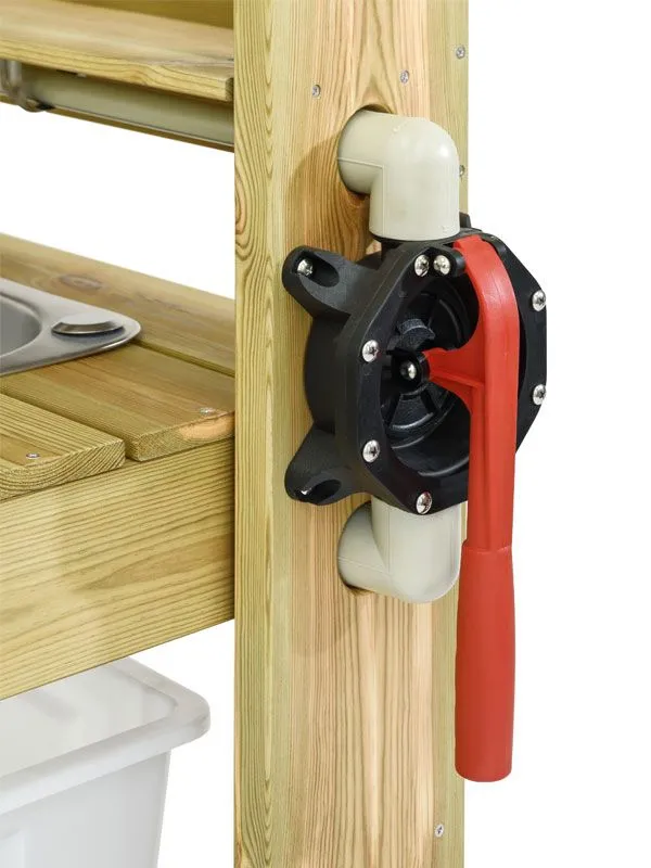 Outdoor wooden kitchen sink detail water pump