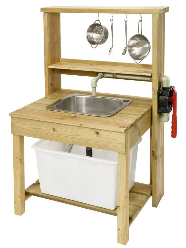 Outdoor kitchen sink with water pump and stainless steel kitchenware