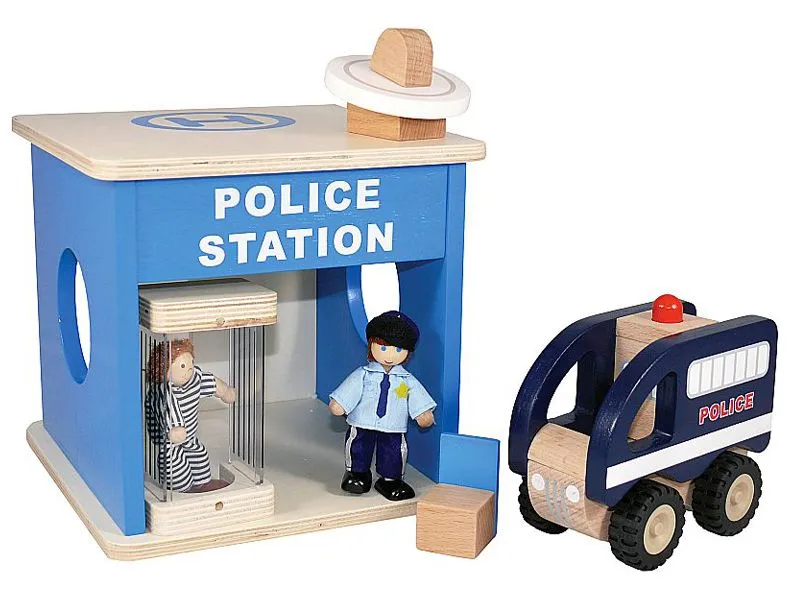 Polizeistation mit Stuhl, Gefängniszelle, Polizeifahrzeug 2 Biegepuppen
