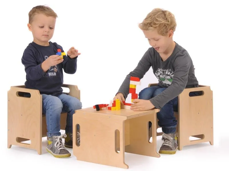 Multifunctional stacking chairs with happily playing children Multifunctional stacking chairs with happily playing children