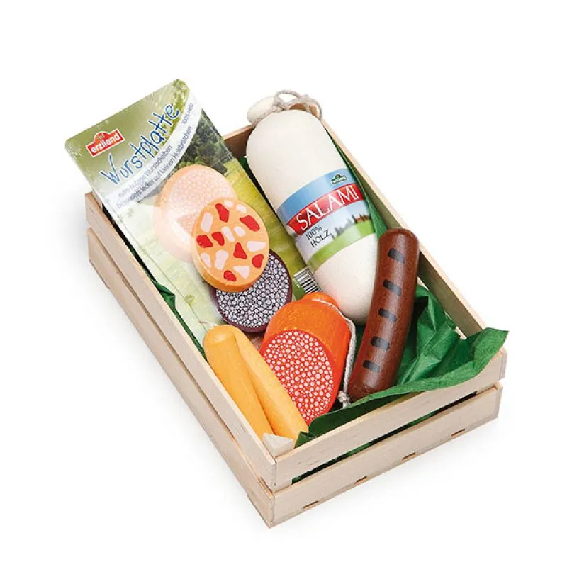Wurstwaren Sortiment in einer stabilen Holzstiege aus Buchenholz für Kaufladen und Kinderspielüche Wurstwaren Sortiment in einer stabilen Holzstiege aus Buchenholz für Kaufladen und Kinderspielüche