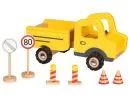 Construction site emergency vehicle with 2 traffic signs, 2 warning cones and 2 barriers.