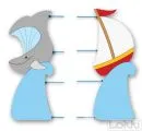 Schnurtafel-Wal und Segelschiff auf den Wellen