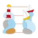 Schnurtafel-Leuchtturm und zwei Segelschiffe